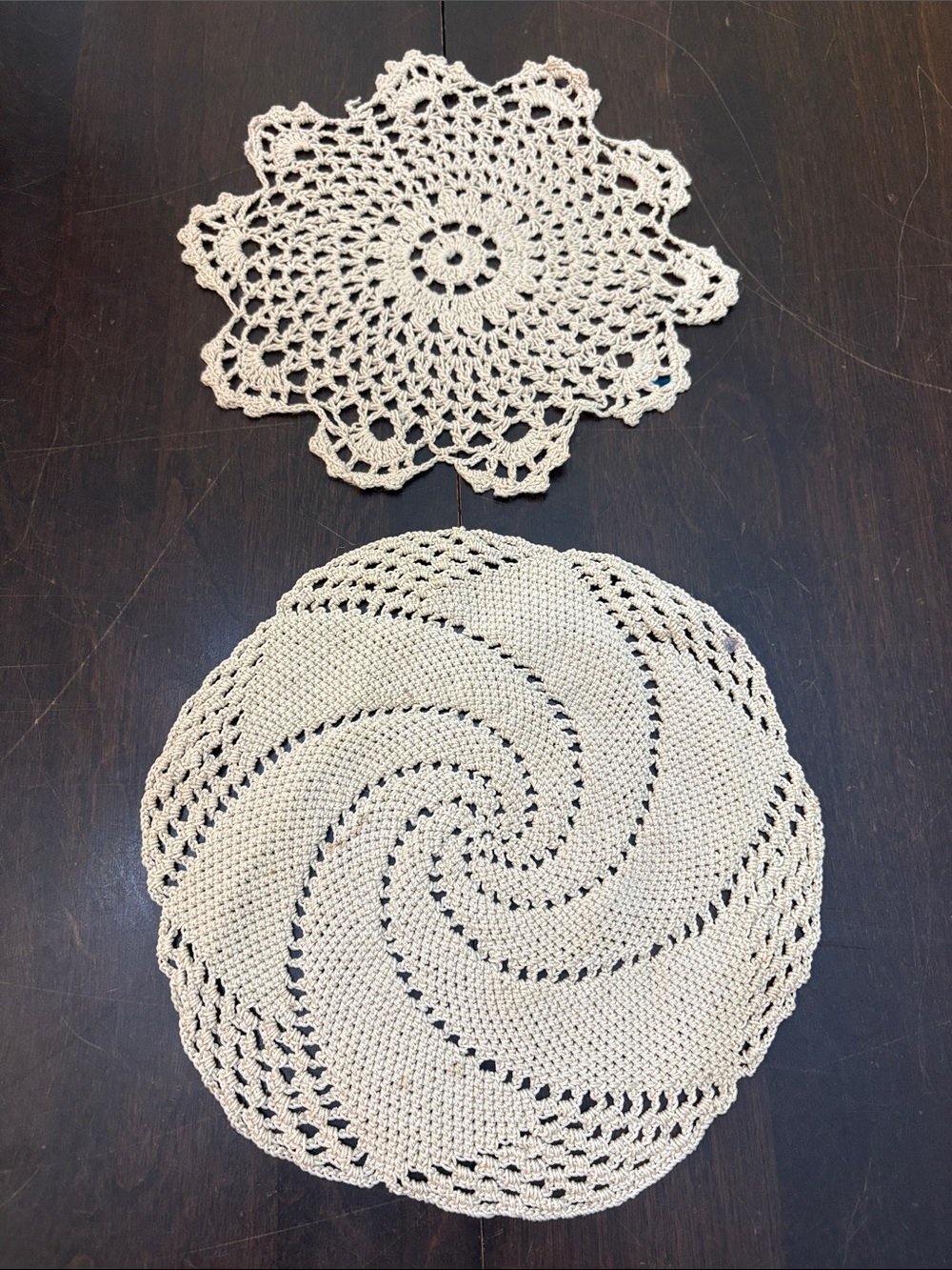 2 Vintage Handmade Crochet Doilies in Taupe